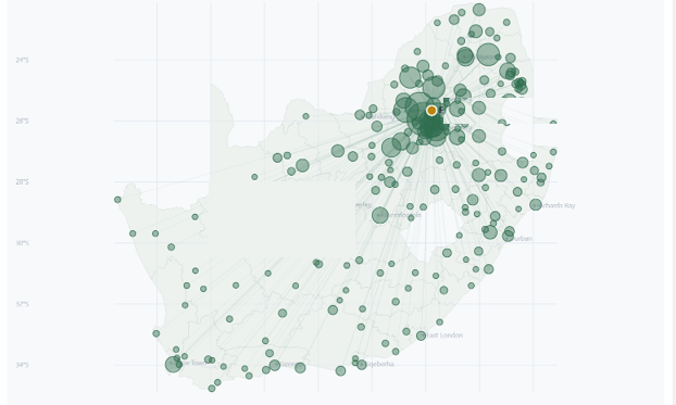 A live executive Air-Traffic Map at a National South African airport, its traffic radiating across the country, each connected field sized by traffic.